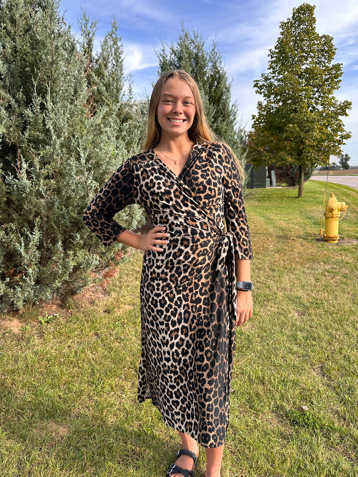 Rebecca Leopard Print Wrap Midi Dress