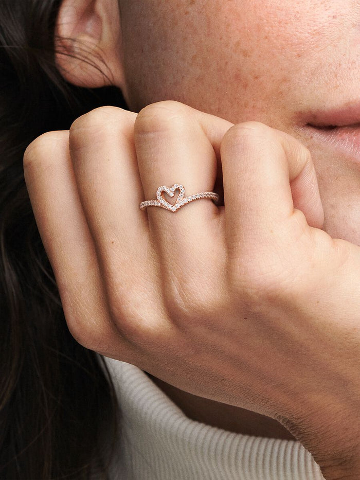 Rose Gold Sparkling Wishbone Heart Ring