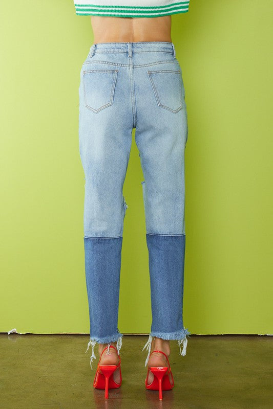 Two-tone high-rise slim-leg jeans