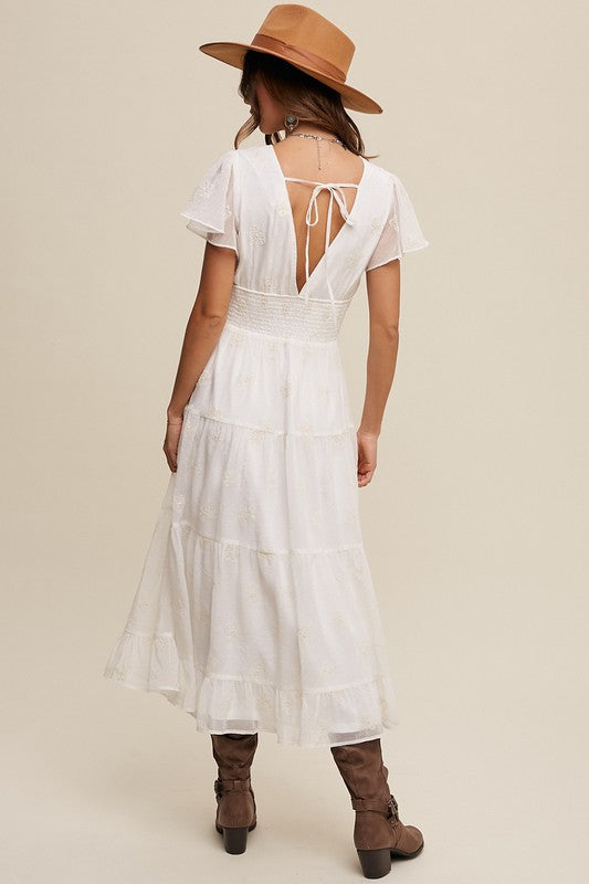 Caroline Embroidered Flutter Sleeve Maxi Dress