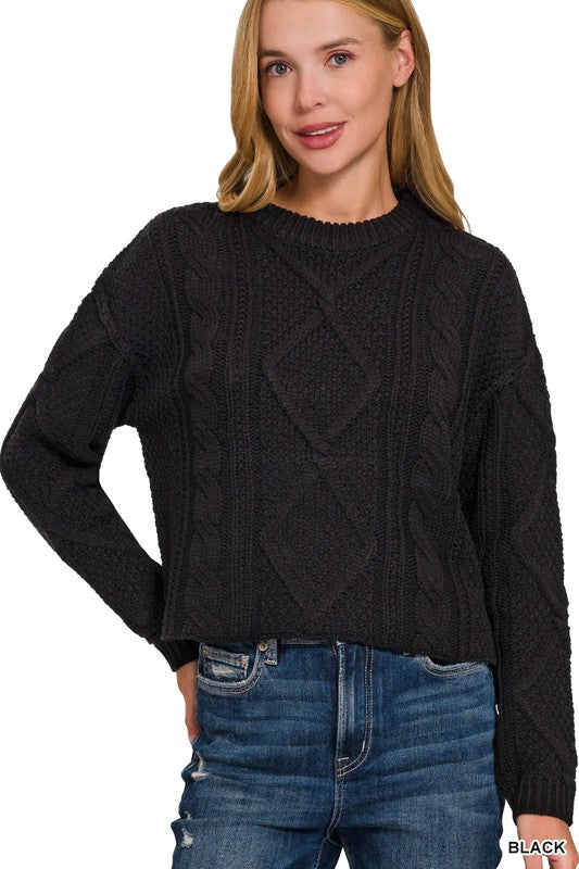 Heather Cable Knit Sweater - Black