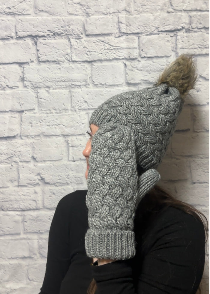 Grey Knit Hat & Mittens