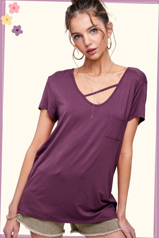 Poppy Cutout Pocket Tee - Eggplant