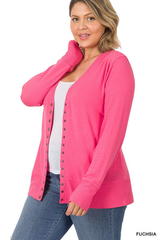 Torie Ribbed Detail Snap Button Cardigan - Fuchsia