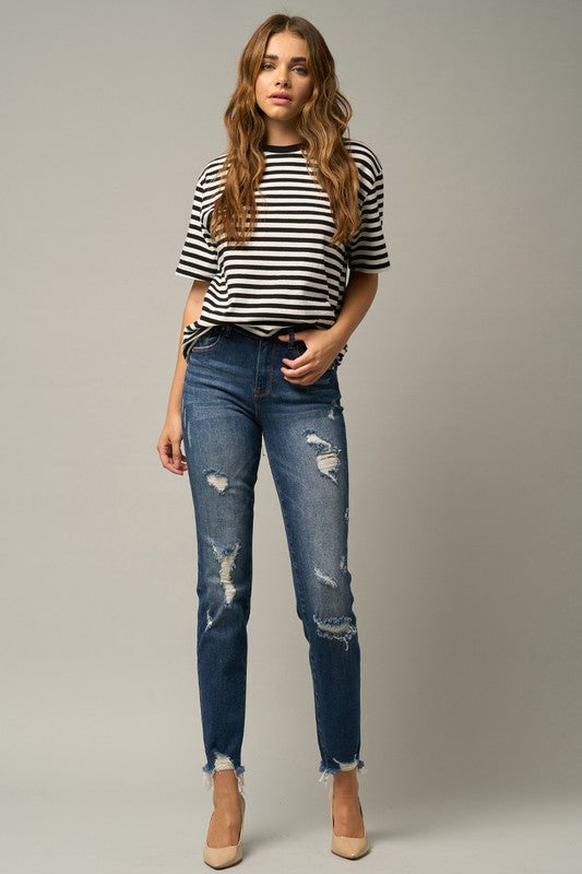 Mindy Distressed Mid Rise Girlfriend Slim Jeans