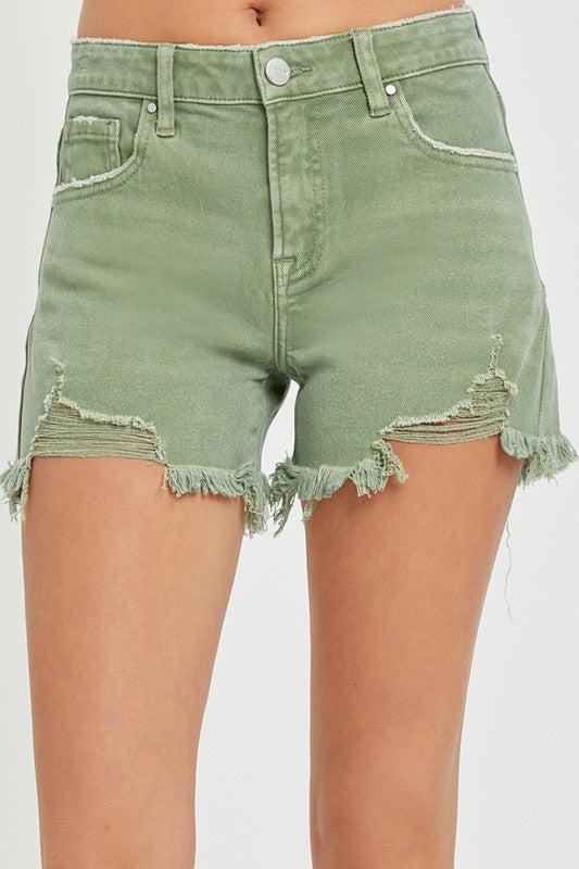 Angie Mid Rise Distressed Midi Shorts - Olive