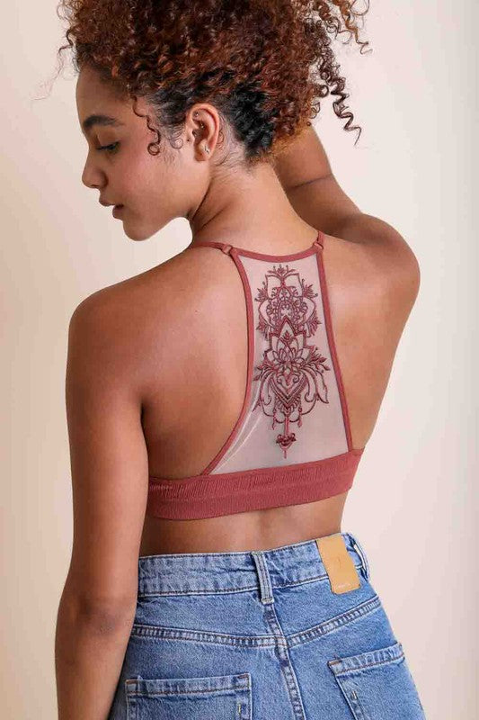 Zahra Tattoo Mesh Racerback Bralette - Rust