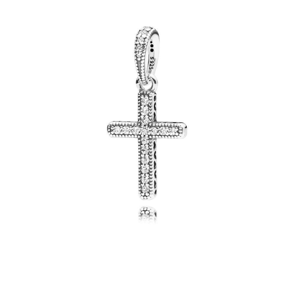 Cross silver pendant with clear cubic zirconia and cut-out hearts