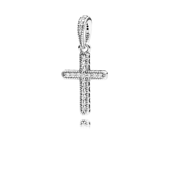 Cross silver pendant with clear cubic zirconia and cut-out hearts