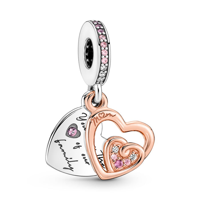 Double heart sterling silver and 14k rose gold-plated dangle with clear and fairy tale pink cubic zirconia, phlox pink crystal