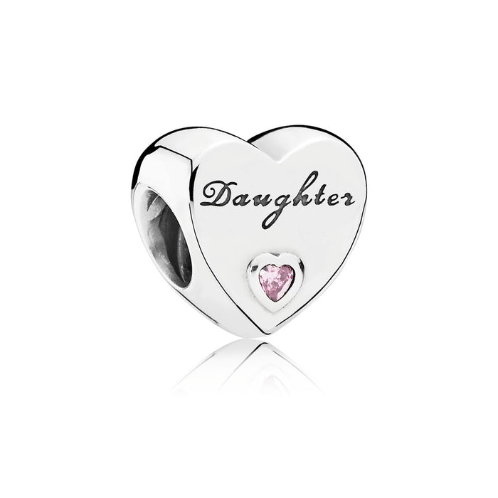 Daughter love heart silver charm with pink cubic zirconia
