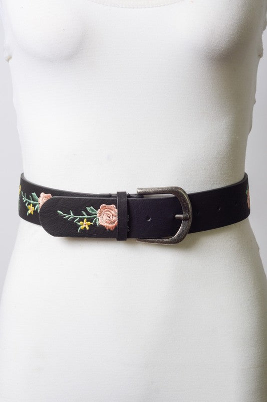 Mexican Flowers Leather Belt Black