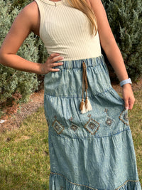 Marina Embroidered Denim Maxi Skirt
