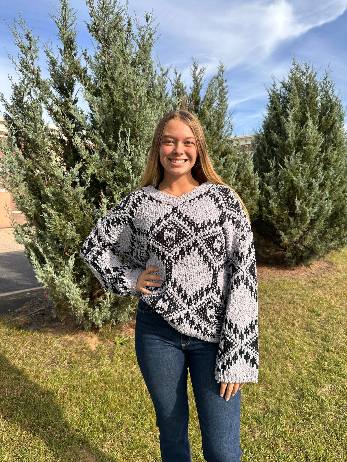 Candice Popcorn Knit Diamond Print Sweater - Gray/Black