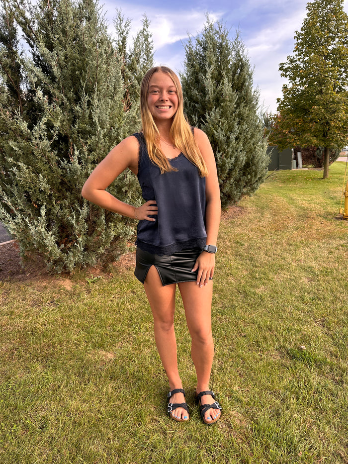 Layla Lace Trim Satin Tank - Navy