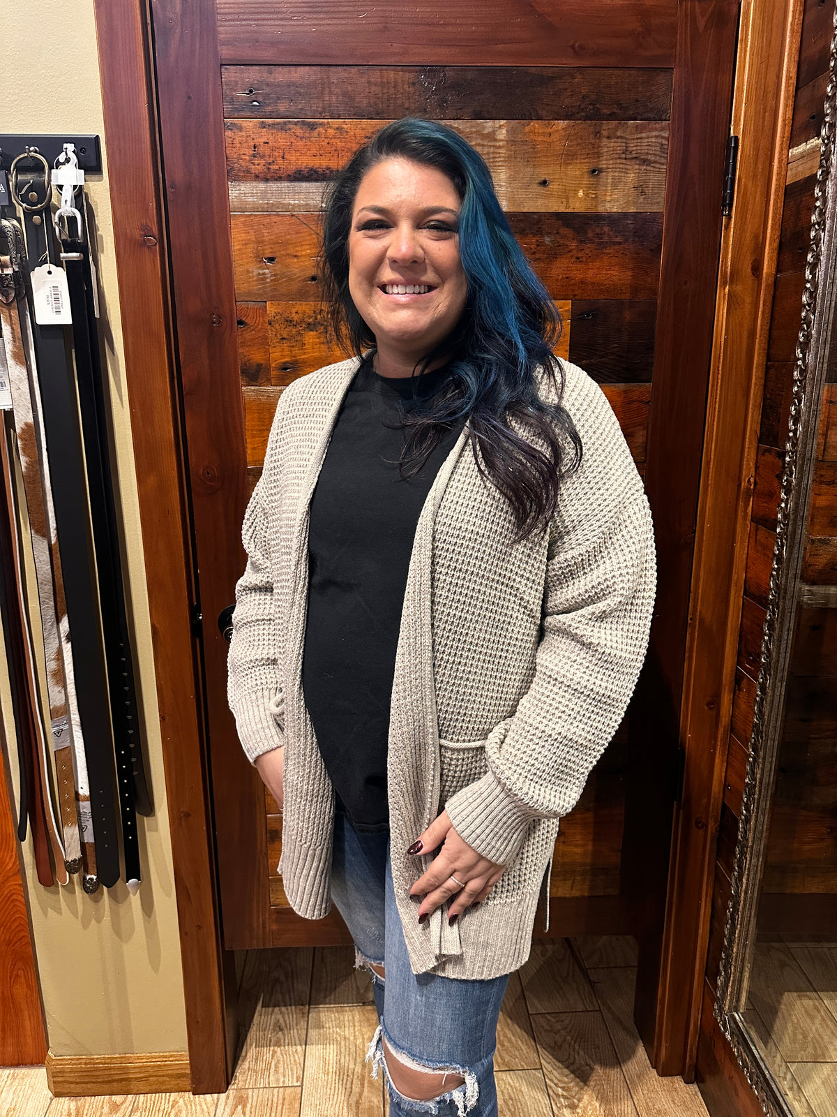 Waffle Knit Open Front Cardigan