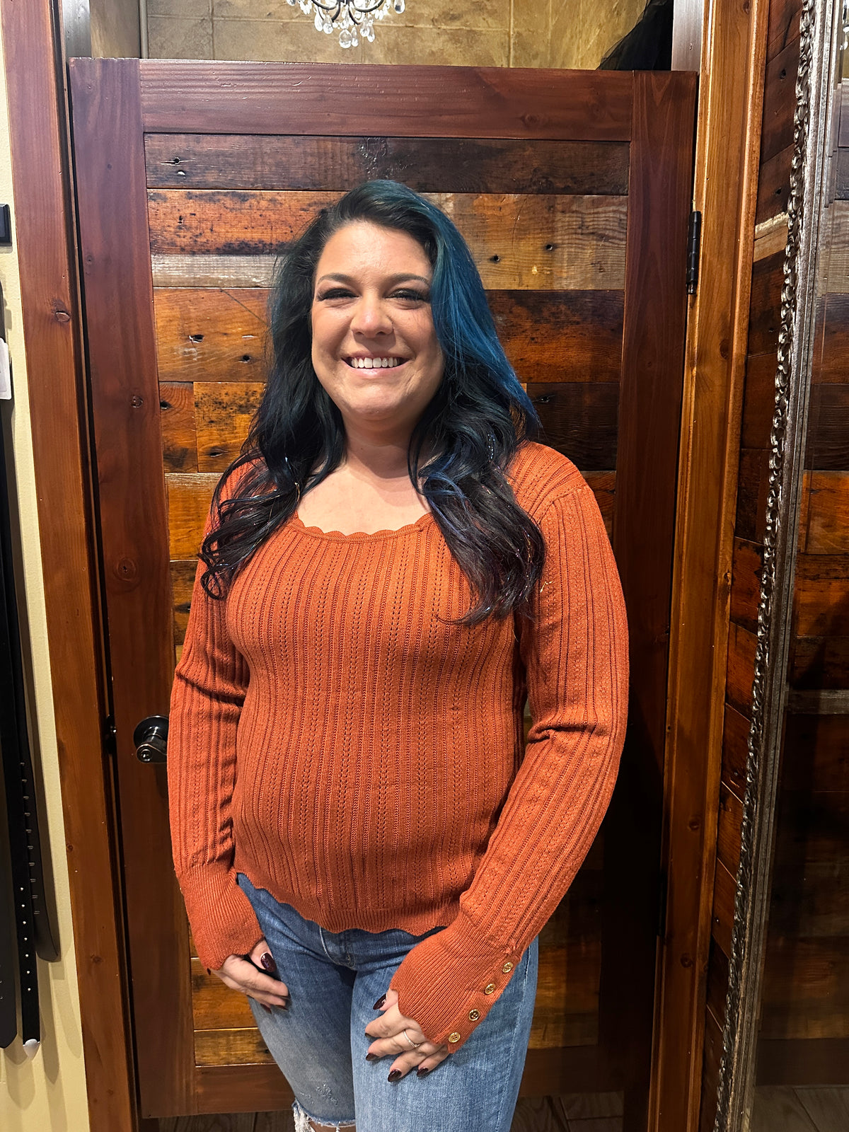 Analise Button Cuff Pointelle Knit Top