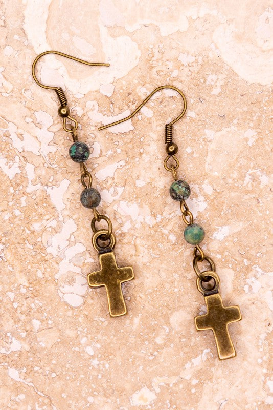 Beaded Bronze Cross Earrings