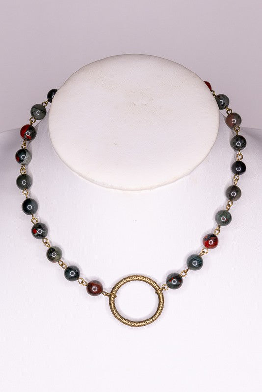 Bloodstone Beaded Ring Pendant Necklace