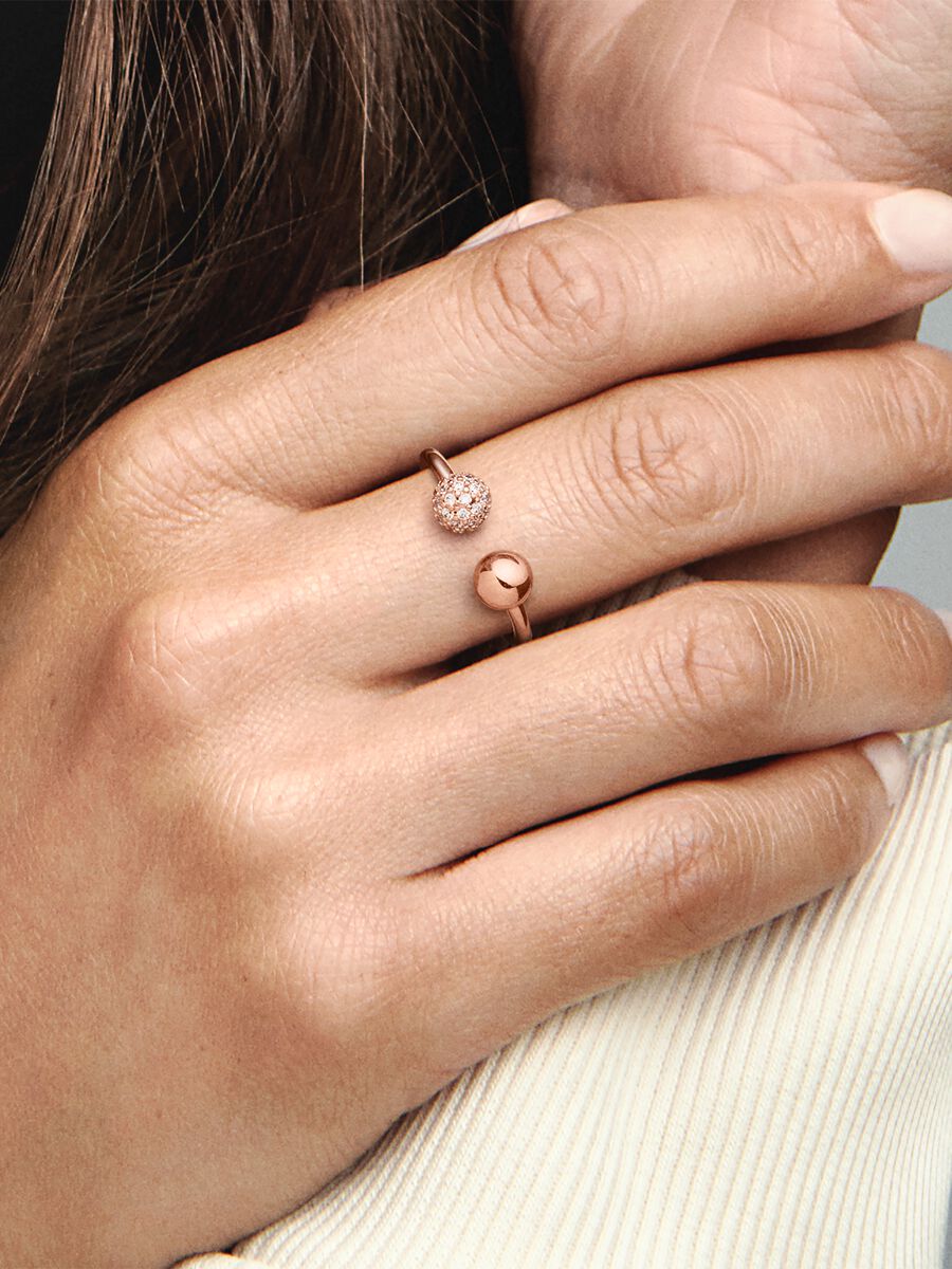 Open 14k rose gold-plated ring with clear cubic zirconia