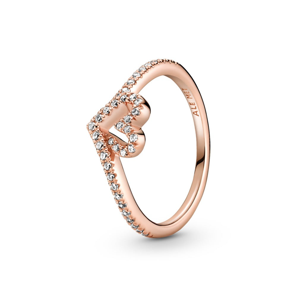 Heart and wishbone 14k rose gold-plated ring with clear cubic zirconia size 7/56