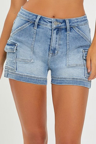 RISEN High Rise Denim Cargo Shorts