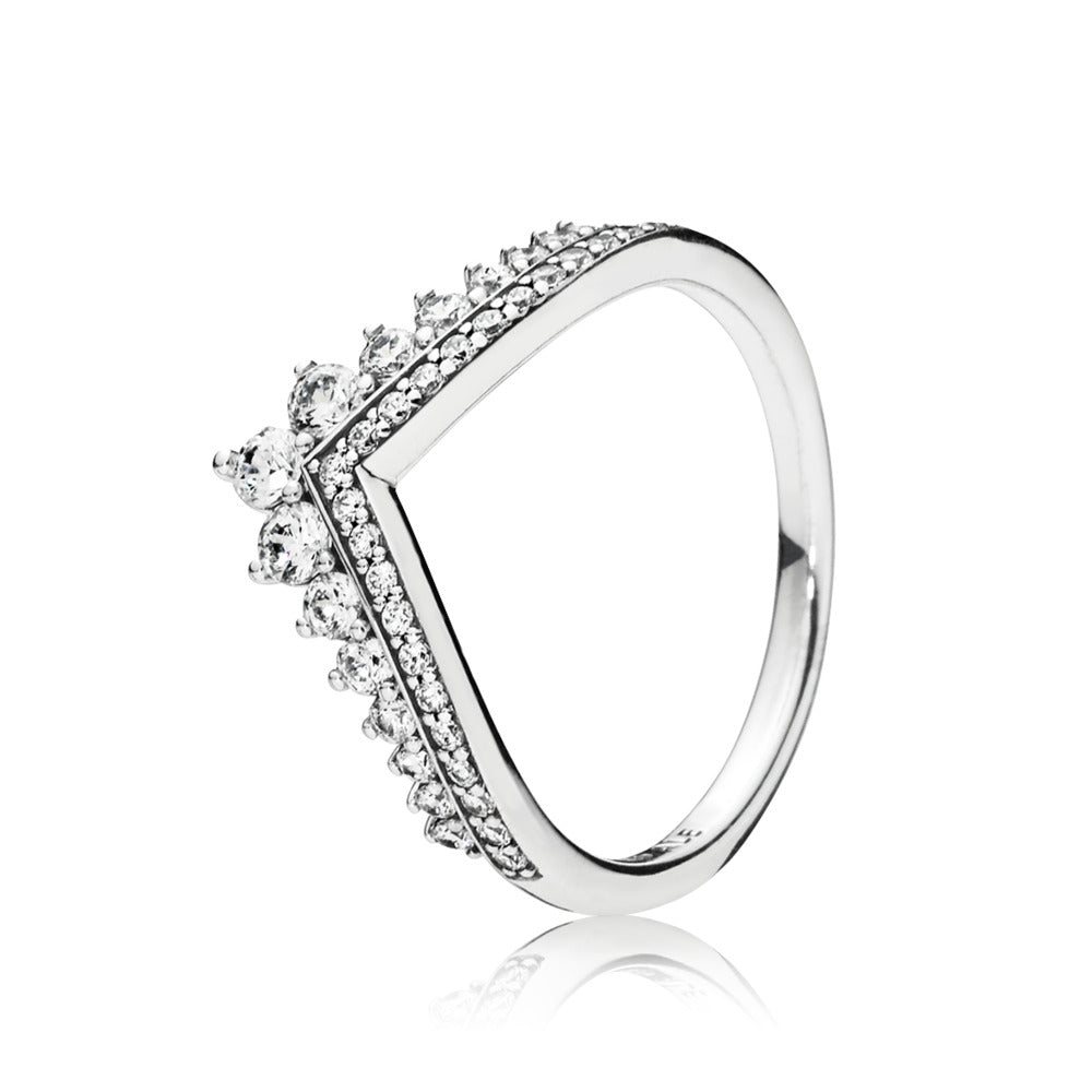 Tiara wishbone ring in sterling silver with 23 bead-set and 15 claw-set clear cubic zirconia size 5/50