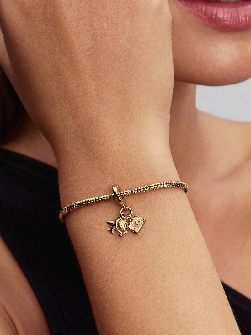 Airplane, Globe & Suitcase Dangle Charm - Gold
