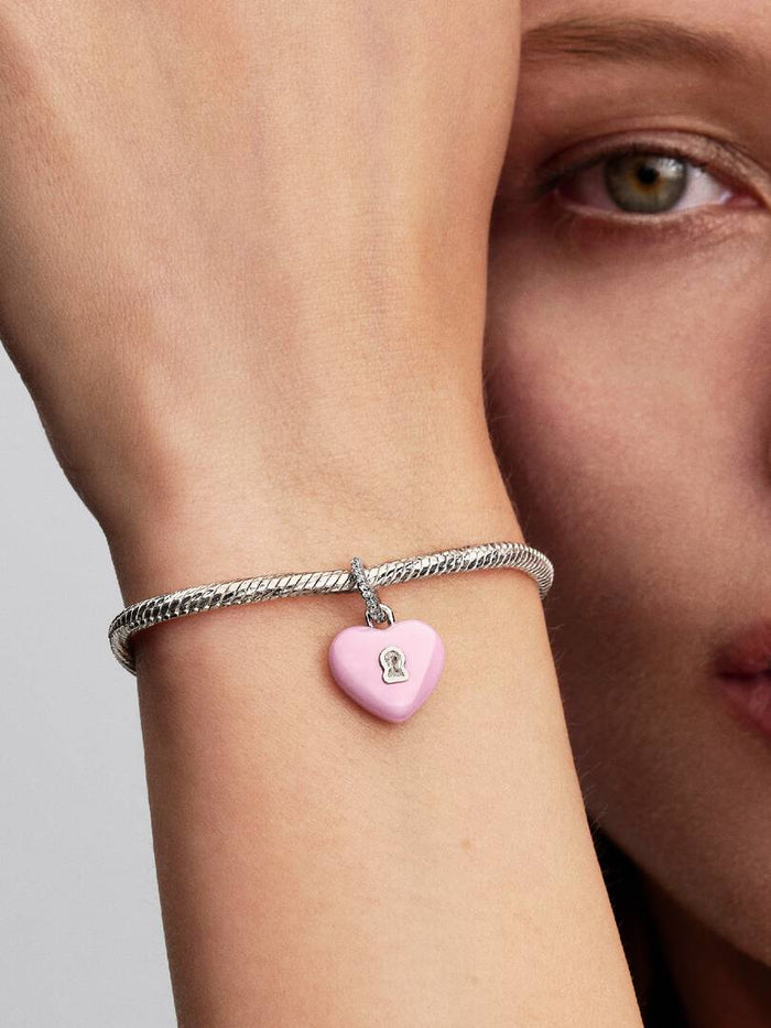 Ceramic Heart Padlock Dangle Charm - Pink