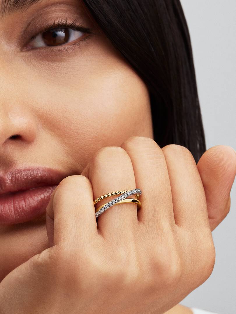Sterling silver and 14k gold-plated ring with clear cubic zirconia