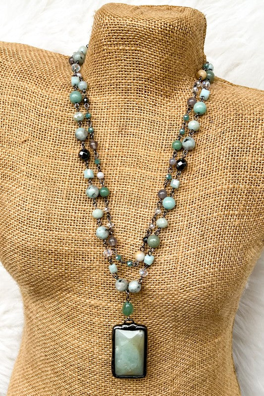 Amazonite Pendant Beaded Layered Necklace