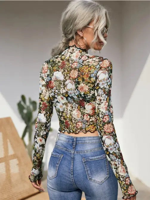 Cailin Floral Mesh Mock Neck Top