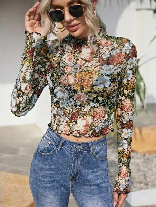 Cailin Floral Mesh Mock Neck Top