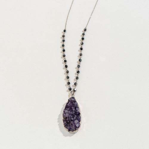 Purple Beaded Druzy Pendant Necklace