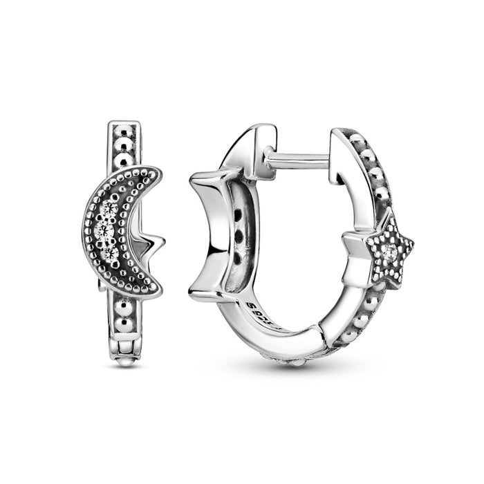 Crescent moon and star sterling silver hoop earrings with clear cubic zirconia