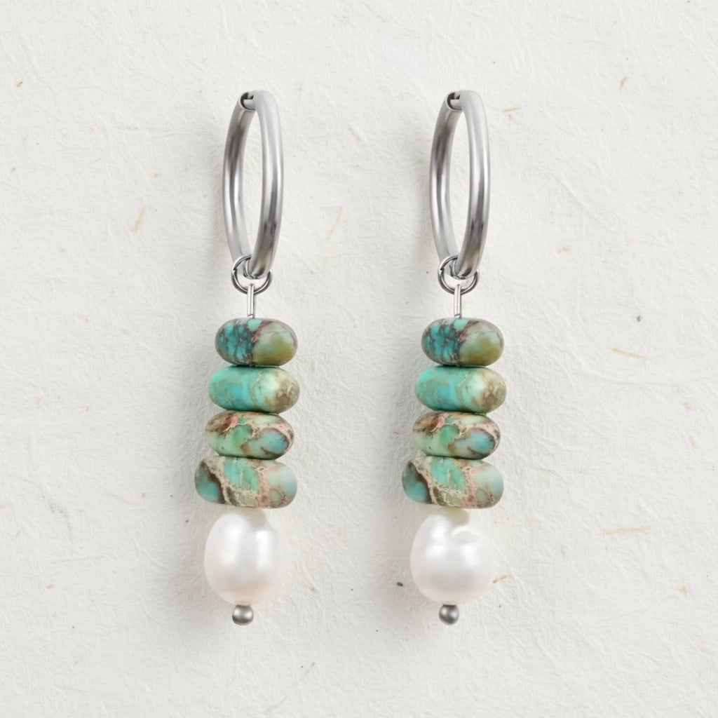Ocean Bliss Pearl & Turquoise Jasper Hoop Drops