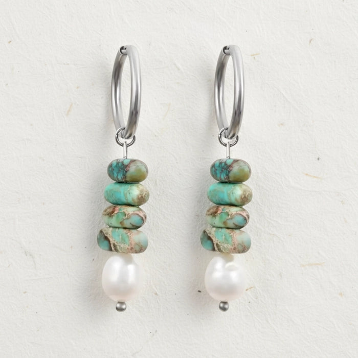 Ocean Bliss Pearl & Turquoise Jasper Hoop Drops