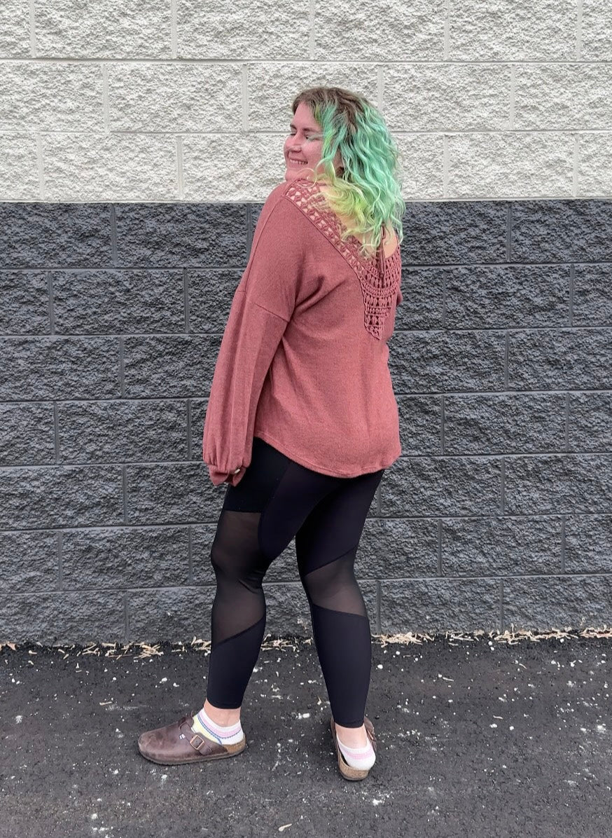 Chelsea Crochet Back Hacci Sweater Top - Rust