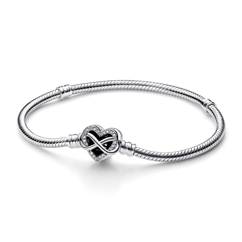 Snake chain sterling silver bracelet with infinity heart clasp with clear cubic zirconia 19cm