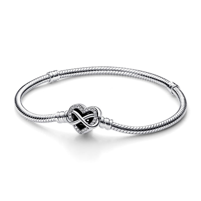 Snake chain sterling silver bracelet with infinity heart clasp with clear cubic zirconia 21cm