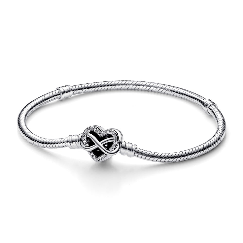 Snake chain sterling silver bracelet with infinity heart clasp with clear cubic zirconia 20cm