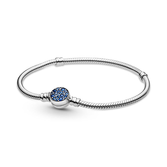 Snake chain sterling silver bracelet with disc clasp with stellar blue crystal 19cm