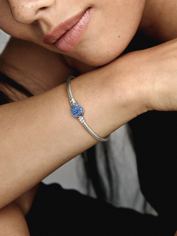 Pandora Moments Sparkling Blue Disc Clasp Snake Chain Bracelet