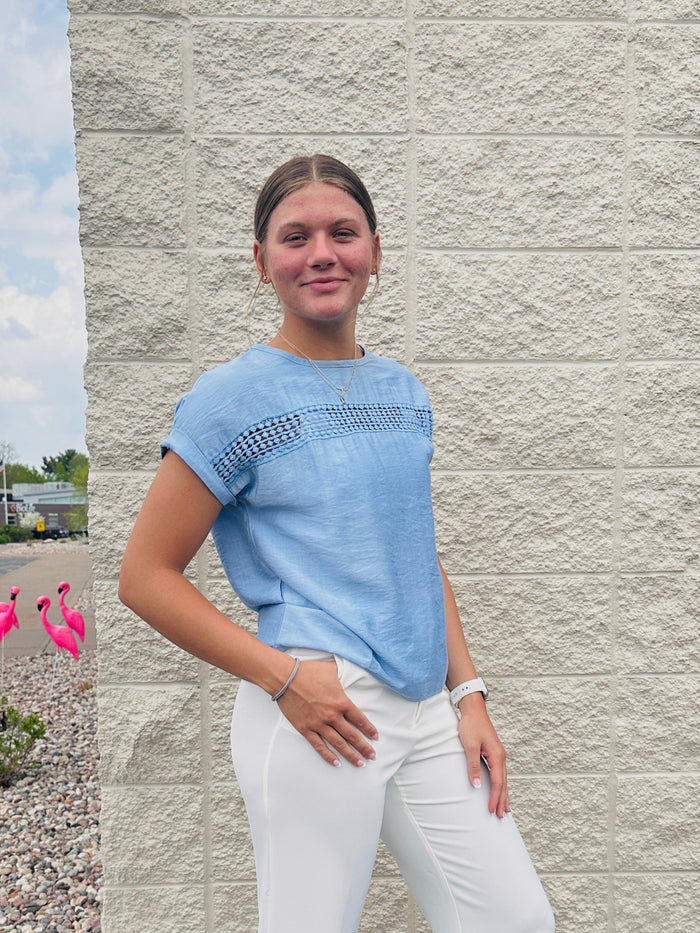 Sandy Patchwork Lace Cutout Top - Blue