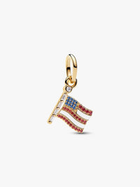 Usa flag 14k gold-plated dangle with clear cubic zirconia, salsa red and blue crystal and white enamel