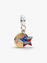 Usa flag sterling silver and 14k gold-plated double dangle with clear cubic zirconia, red and blue enamel