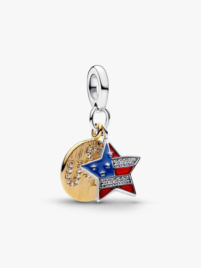 Usa flag sterling silver and 14k gold-plated double dangle with clear cubic zirconia, red and blue enamel