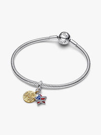 Usa flag sterling silver and 14k gold-plated double dangle with clear cubic zirconia, red and blue enamel