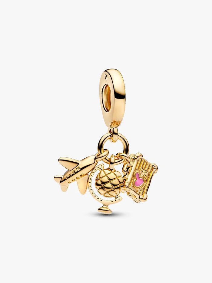 Airplane, Globe & Suitcase Dangle Charm - Gold