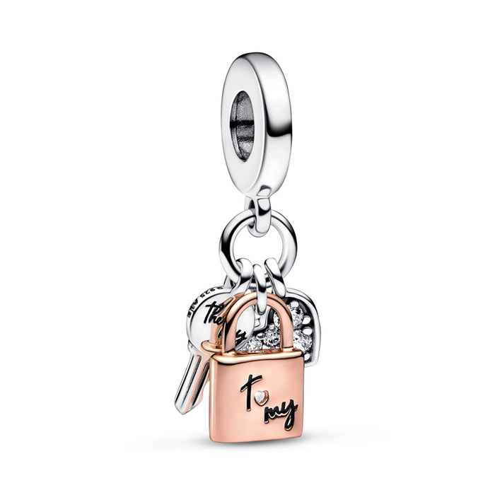 Padlock, key and heart sterling silver and 14